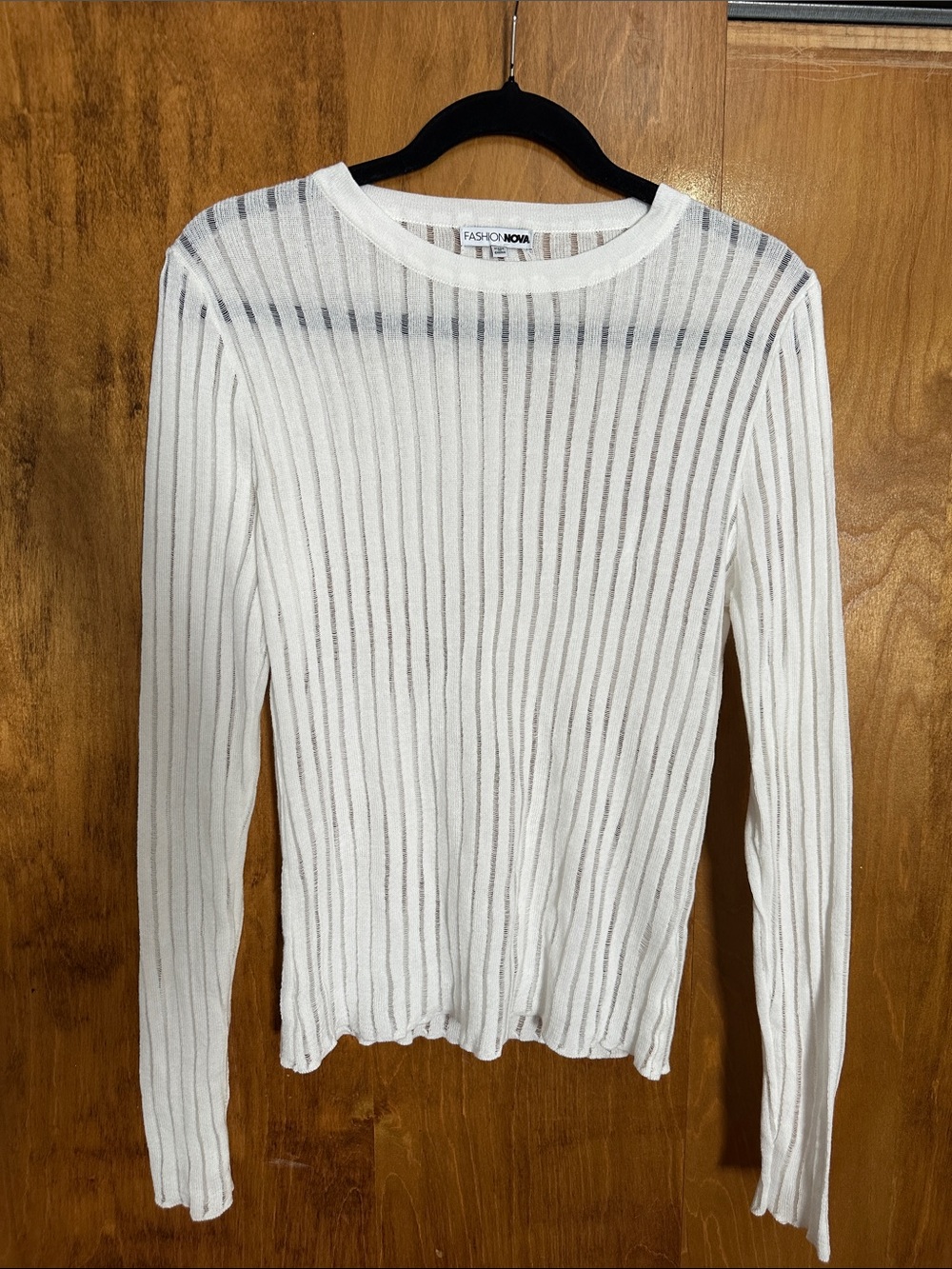 Fashion Nova White Ribbed Sheer Long-Sleeve Top